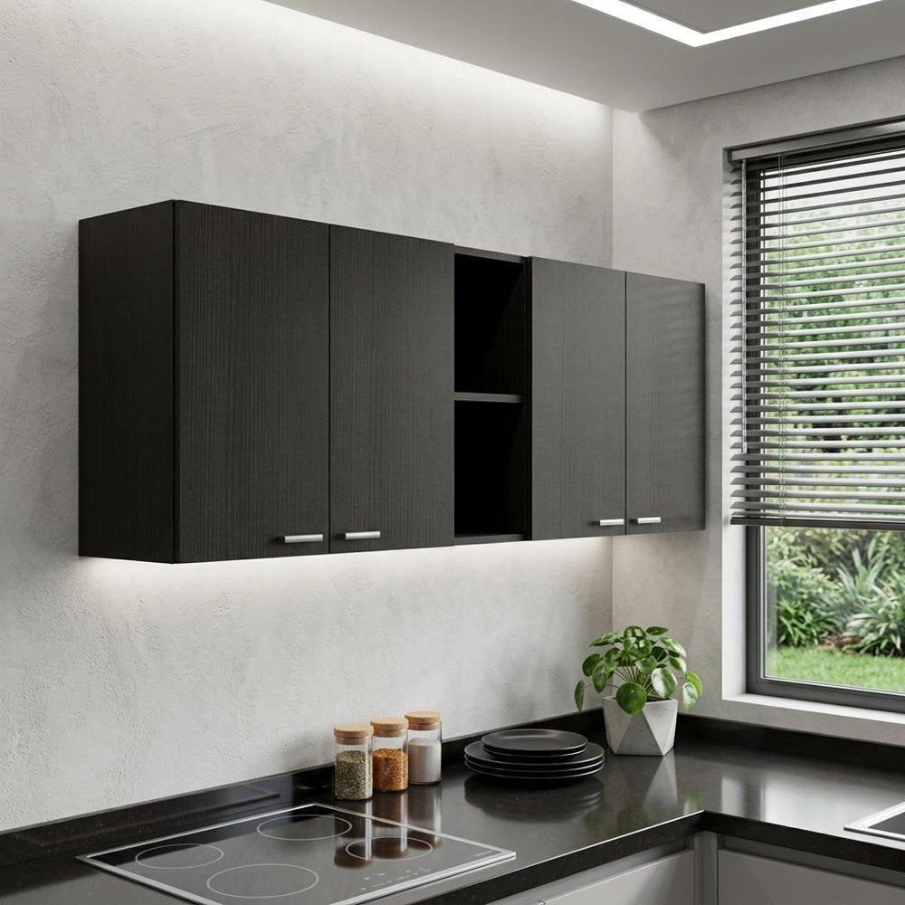 Black Wood Wall Mounted Accent Cabinet with Five Shelves - 59-inch