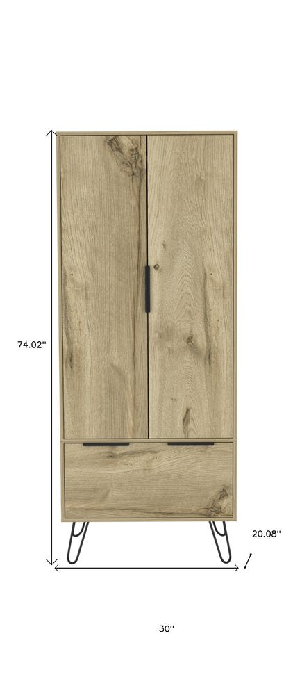 Oak Wood Two Door Single Drawer Combo Dresser - 74-inch