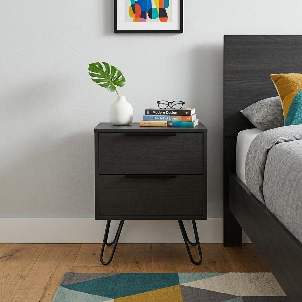 Black Wood Two Drawer Nightstand - 22-inch