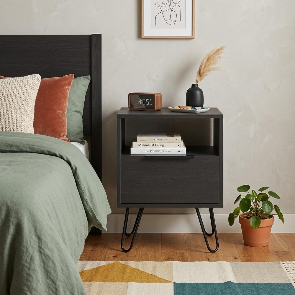 Black Wood One Drawer Nightstand - 22-inch