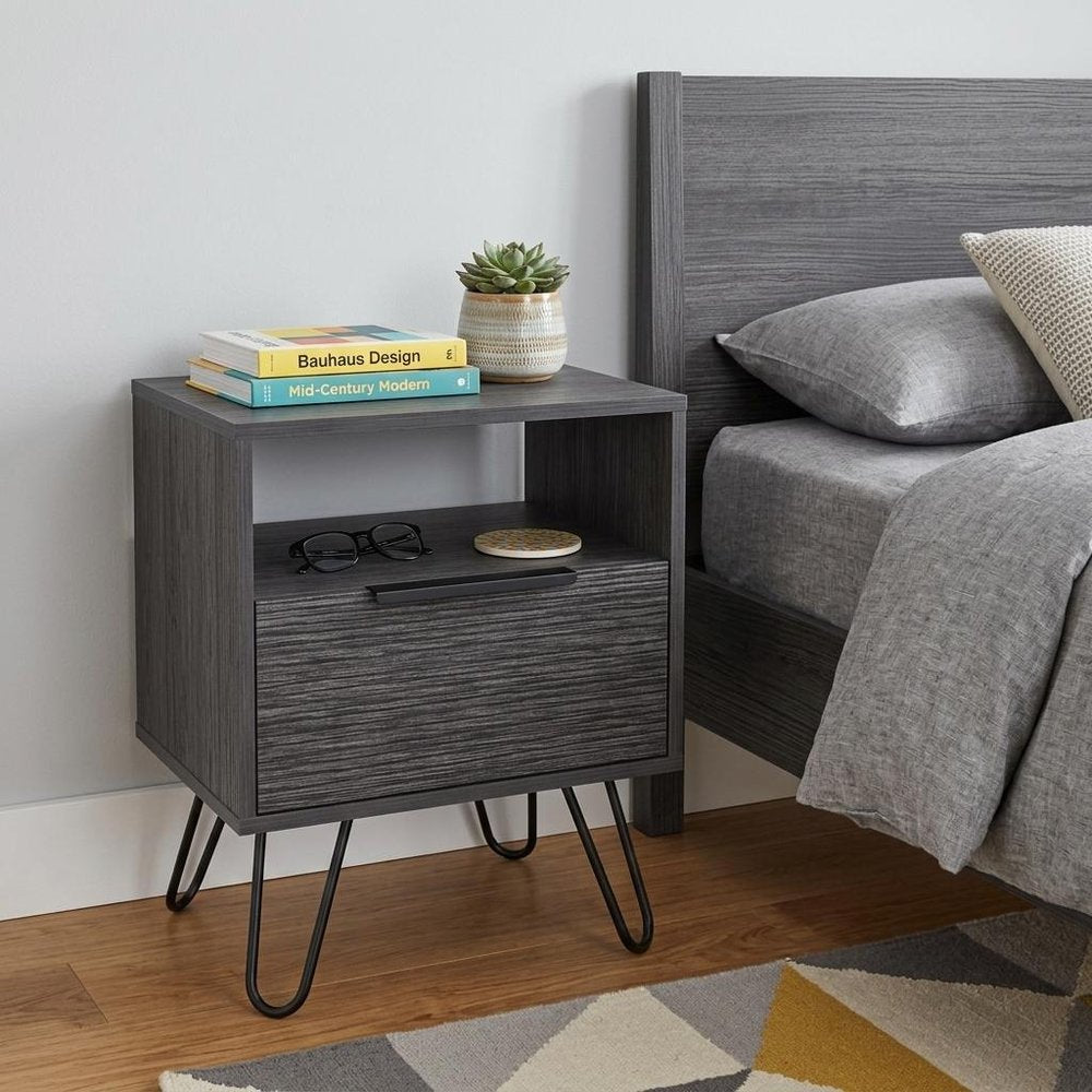 Gray Faux Wood Nightstand with Storage - 22-inch