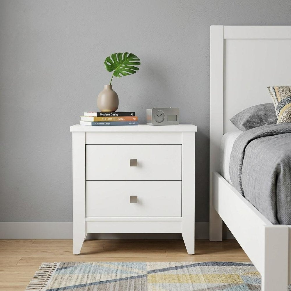 White Wood Two Drawer Nightstand - 24-inch