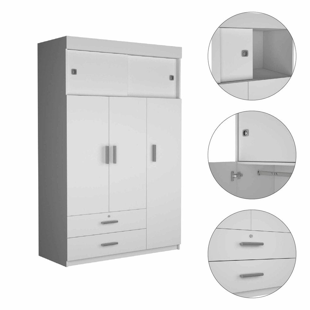 White Wood Three Door Two Drawer Combo Dresser - 73-inch