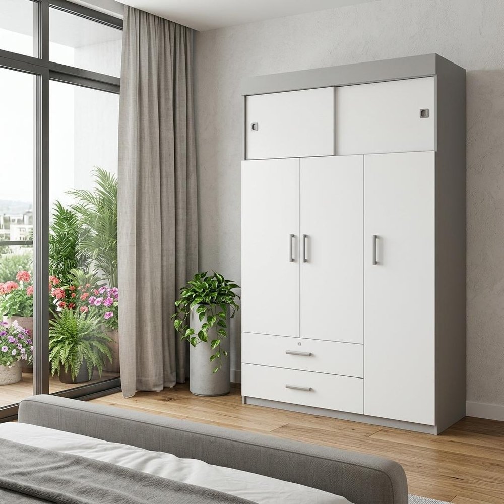 White Wood Three Door Two Drawer Combo Dresser - 73-inch