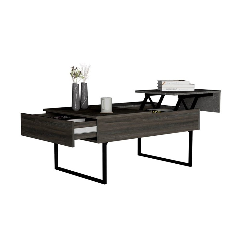 Espresso and Black Metal Lift Top Coffee Table with Drawer - 39-inch