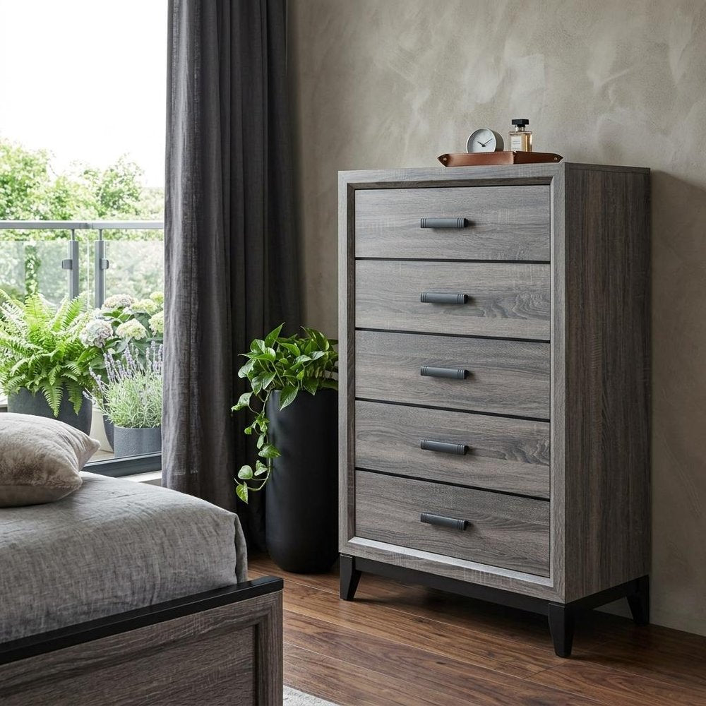 Grey Solid Wood Five Drawer Chest - 31-inch