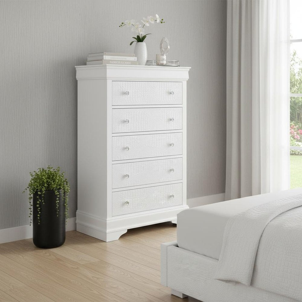 Metallic White Solid Wood Five Drawer Chest - 31-inch