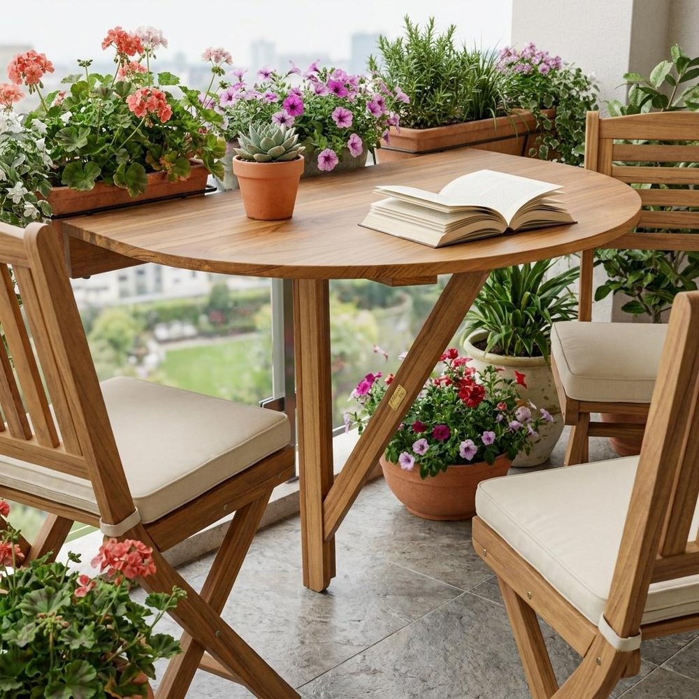Brown Half Round Solid Wood Folding Outdoor Balcony Table - 24-inch