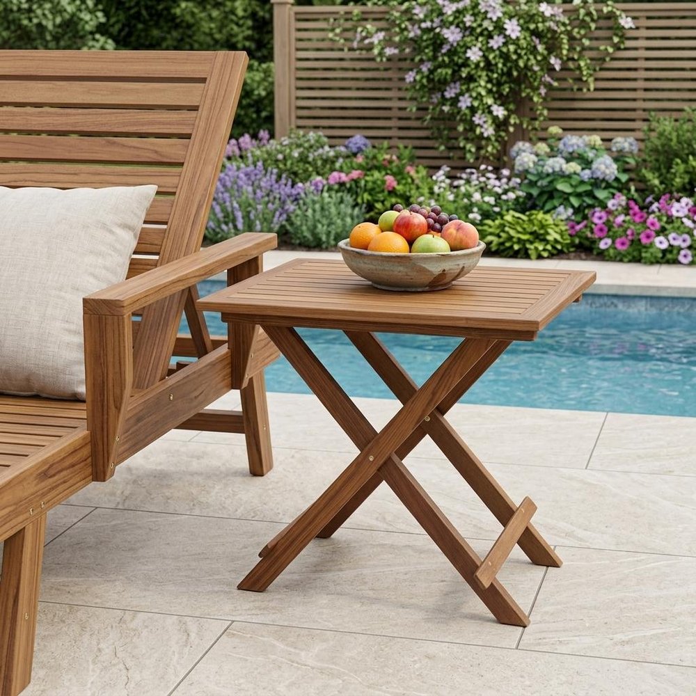 Brown Solid Wood Folding Outdoor Side Table - 28-inch