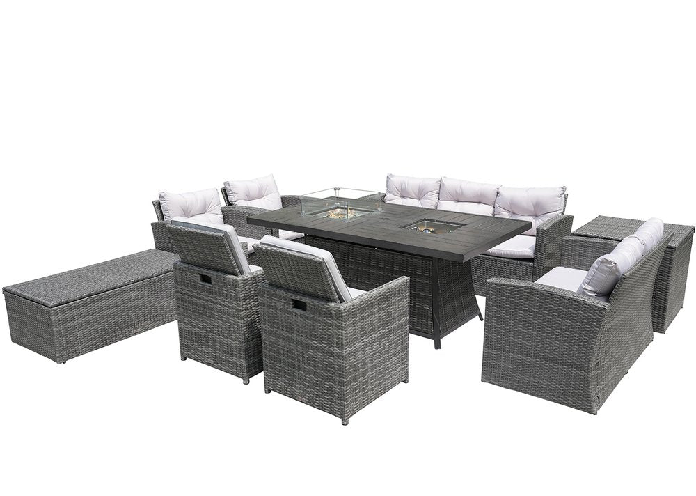 Nine Piece Gray Wicker Multiple Chairs Seating Group with Fire Pit and Table