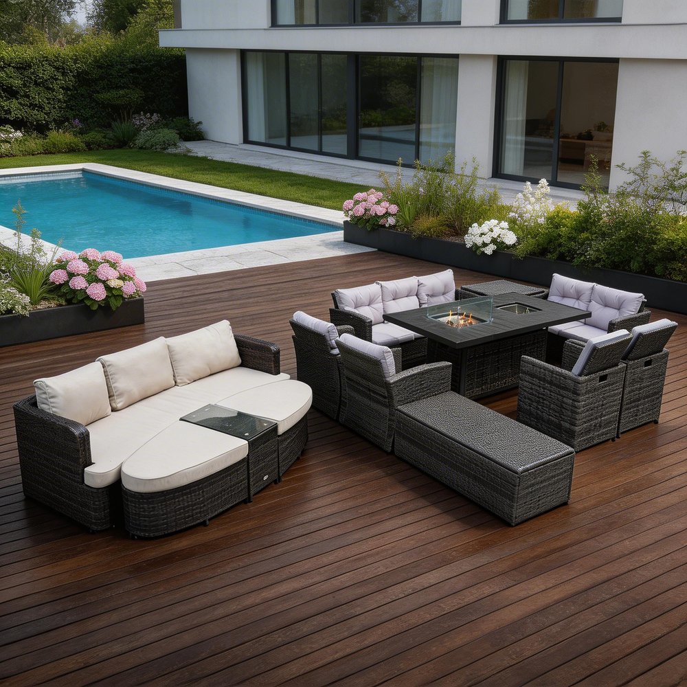 Ten Piece Gray Wicker Multiple Chairs Seating Group with Fire Pit and Table