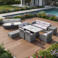 Eleven Piece Gray Wicker Multiple Chairs Seating Group with Fire Pit and Table