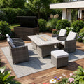 Ten Piece Gray Wicker Multiple Chairs Seating Group with Fire Pit and Table