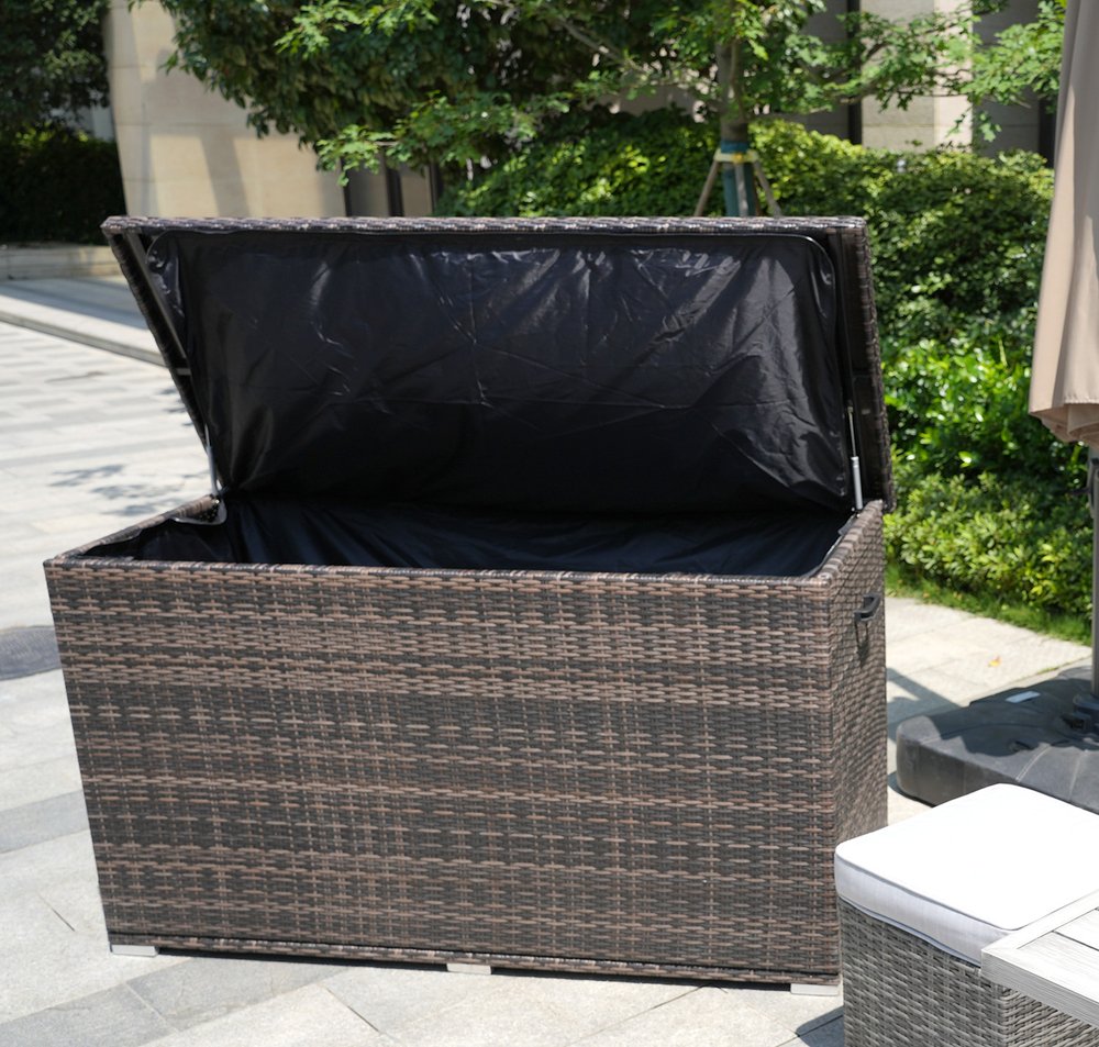 Ten Piece Gray Wicker Multiple Chairs Seating Group with Fire Pit and Table