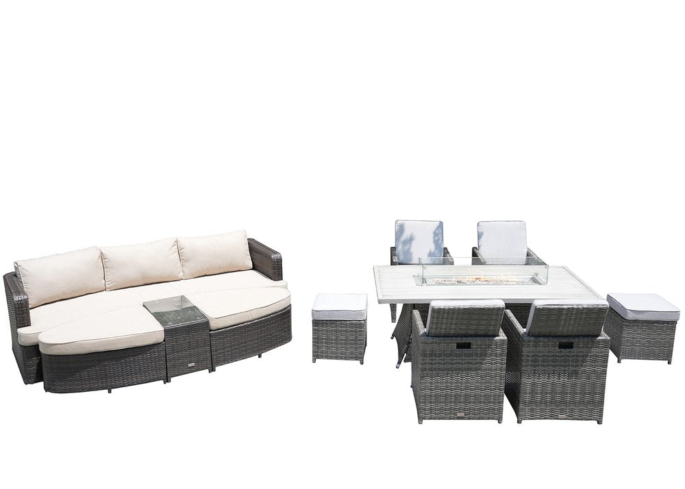 Nine Piece Gray Wicker Multiple Chairs Seating Group with Fire Pit and Table