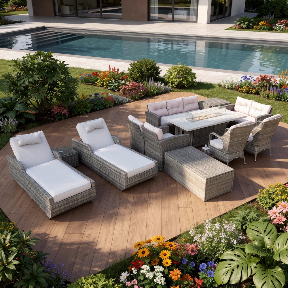Twelve Piece Gray Wicker Multiple Chairs Seating Group with Fire Pit and Table