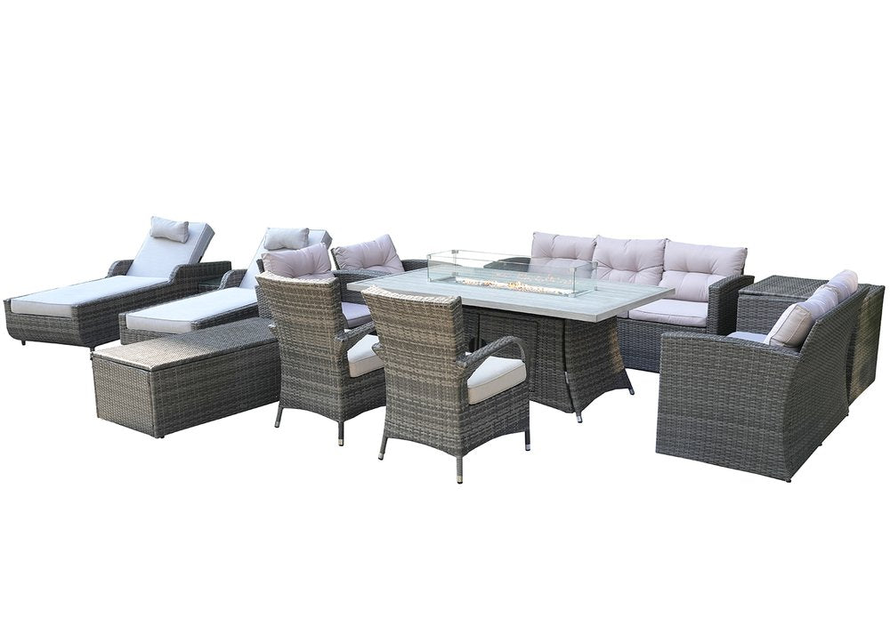 Twelve Piece Gray Wicker Multiple Chairs Seating Group with Fire Pit and Table