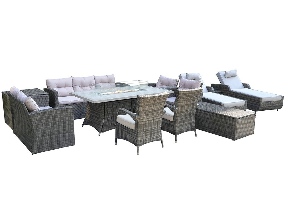 Twelve Piece Gray Wicker Multiple Chairs Seating Group with Fire Pit and Table