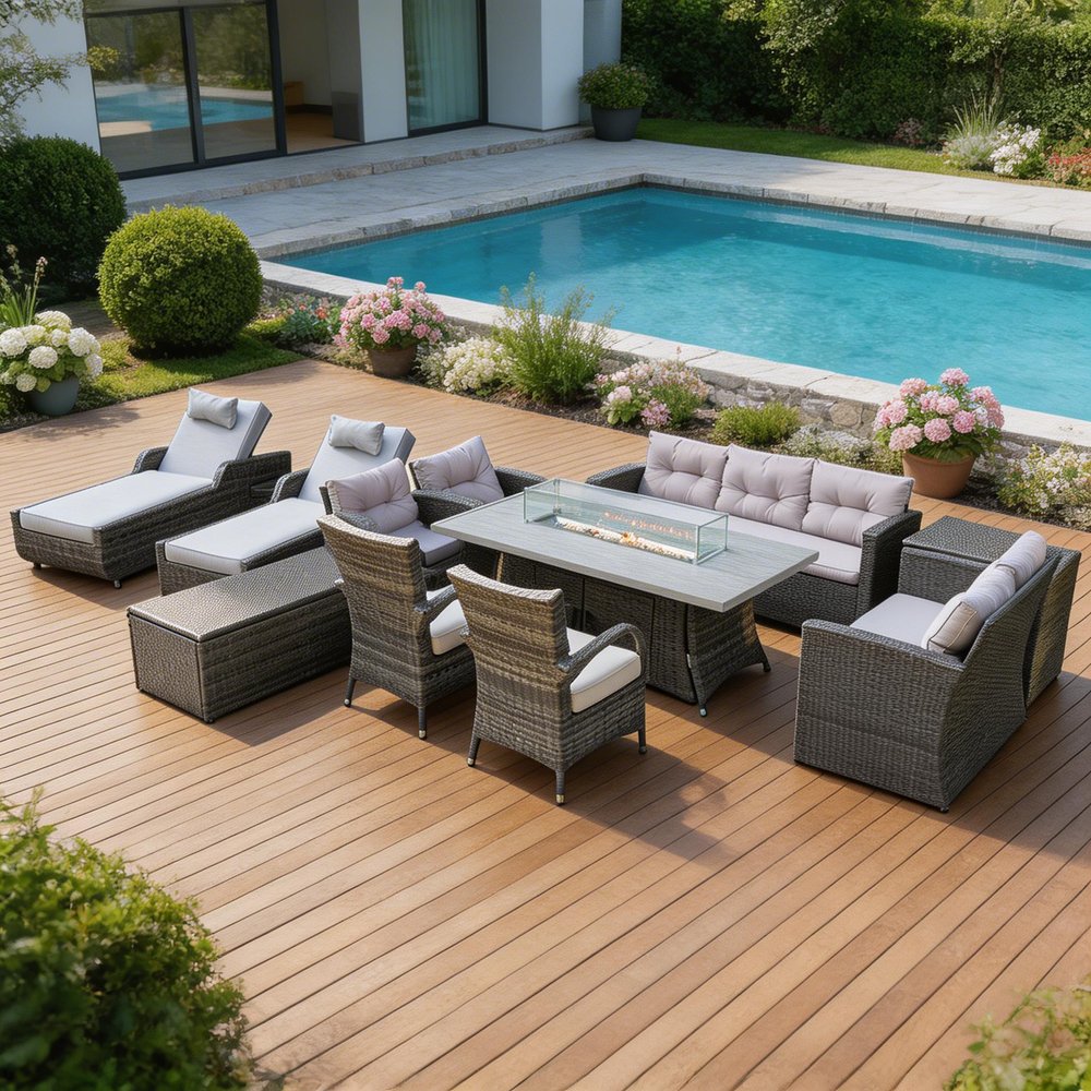 Twelve Piece Gray Wicker Multiple Chairs Seating Group with Fire Pit and Table