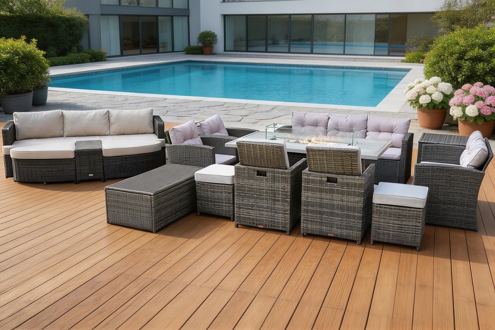 Twelve Piece Gray Wicker Multiple Chairs Seating Group with Fire Pit and Table