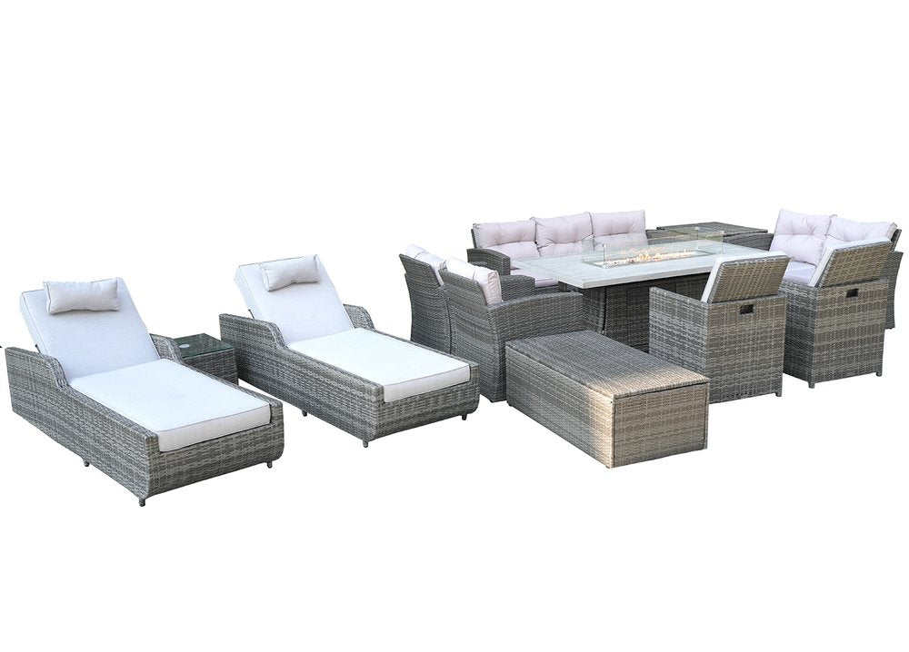 Twelve Piece Gray Wicker Multiple Chairs Seating Group with Fire Pit and Table