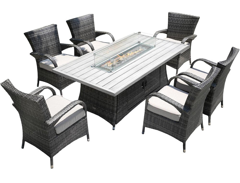 Seven Piece Gray and Beige Wicker Multiple Chairs Seating Group with Fire Pit and Table