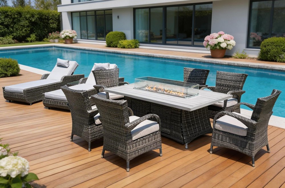 Ten Piece Gray Wicker Multiple Chairs Seating Group with Fire Pit and Table