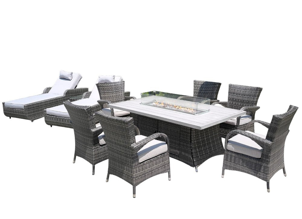 Ten Piece Gray Wicker Multiple Chairs Seating Group with Fire Pit and Table