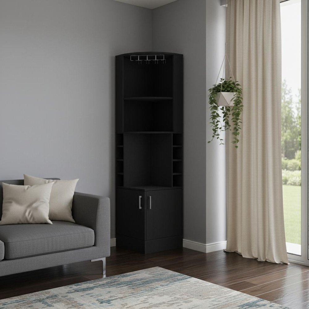 Black Wood Corner Bar Cabinet with Two Doors - 18-inch