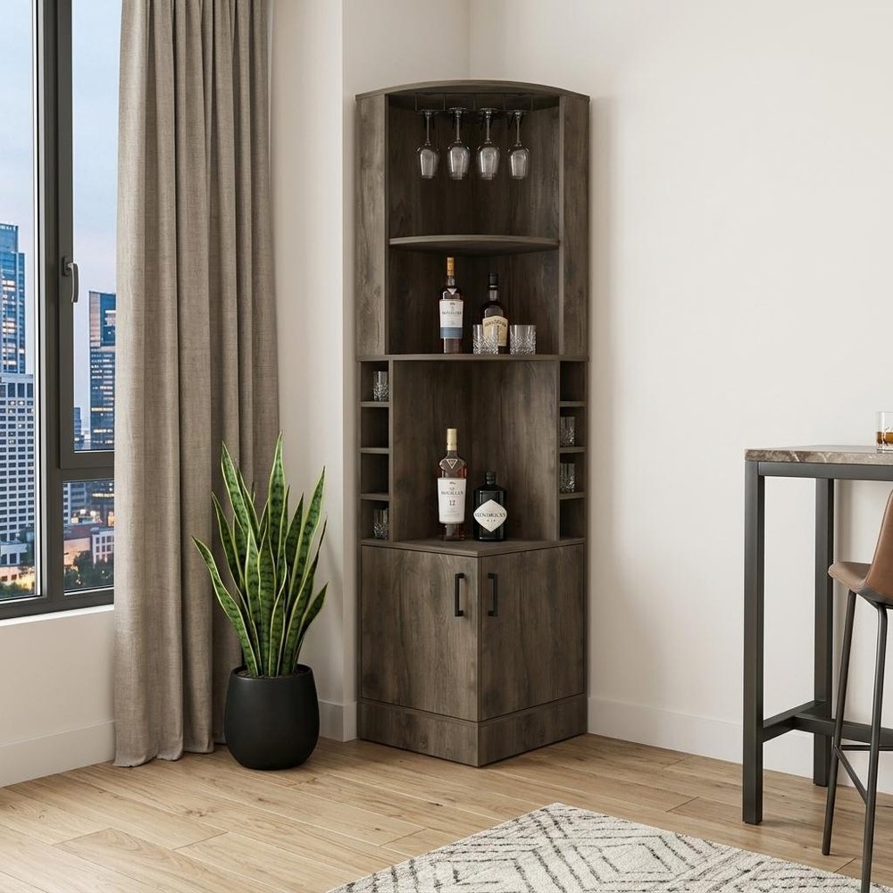 Dark Brown Wood Corner Bar Cabinet with Two Doors - 18-inch