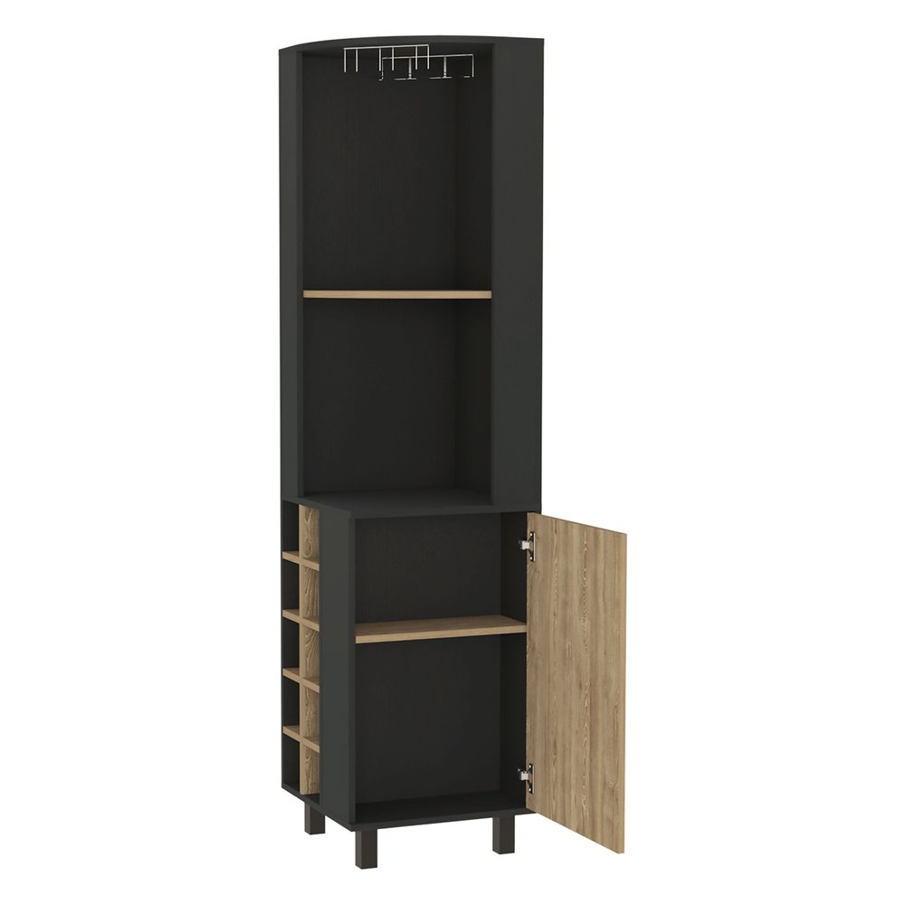 Black and Natural Wood Corner Bar Cabinet with Single Door - 18-inch
