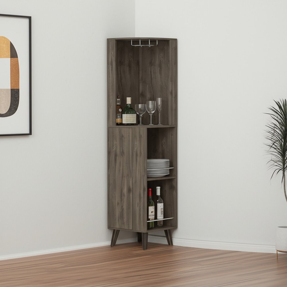 Dark Brown Wood Corner Bar Cabinet with One Drawer - 73-inch