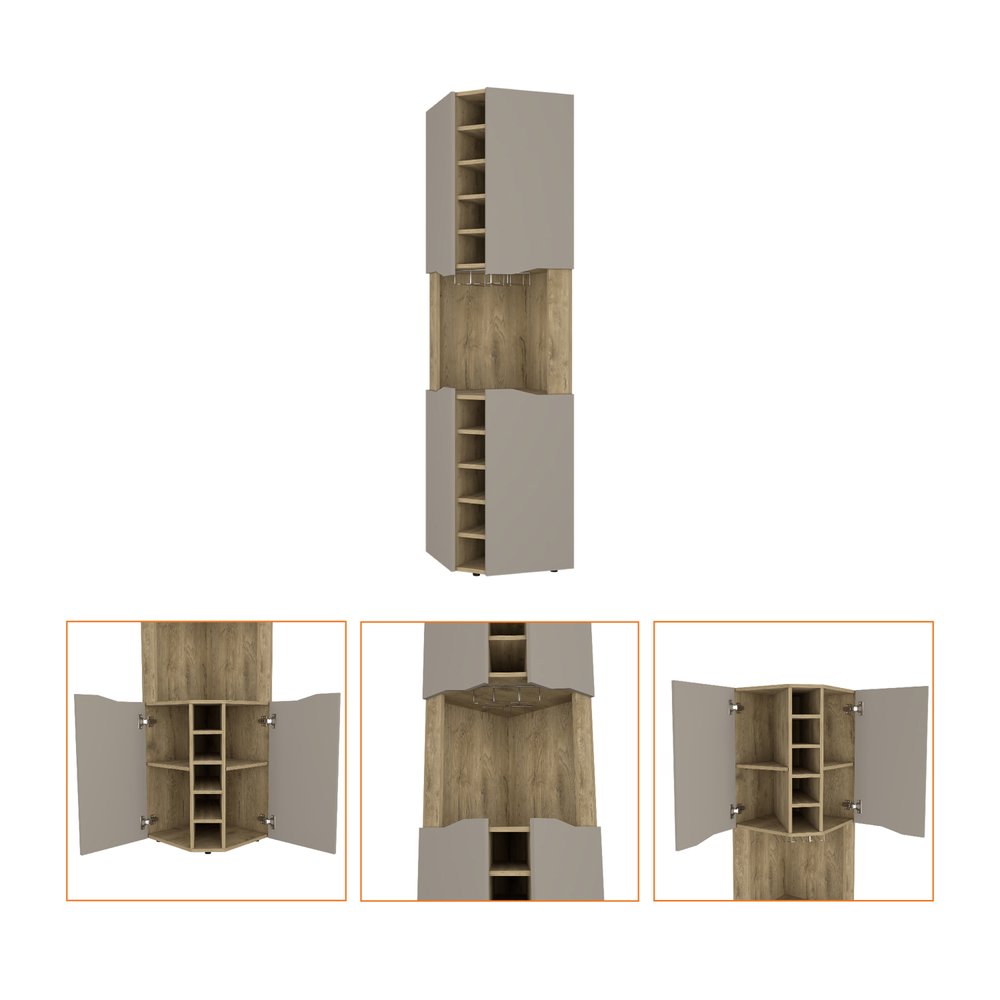 Brown and Taupe Wood Corner Bar Cabinet with Four Doors - 72-inch