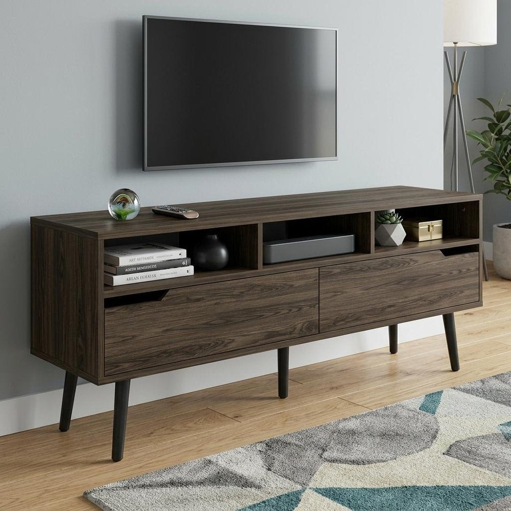 Dark Brown Walnut Enclosed and Open Storage TV Stand - 54-inch
