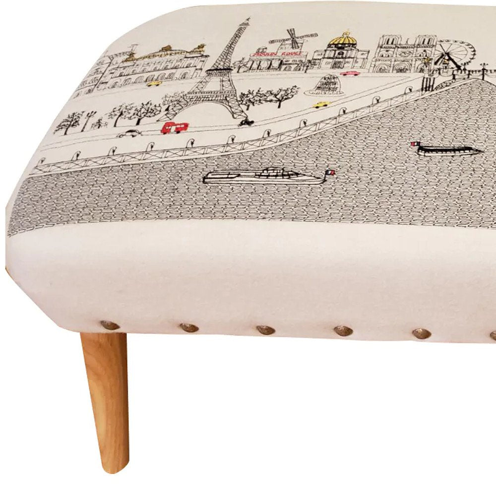 Cream Wool and Brown Ottoman - 38-inch