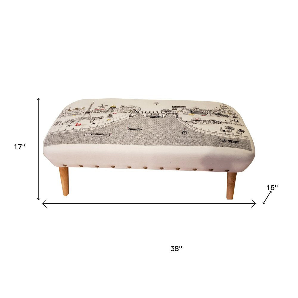 Cream Wool and Brown Ottoman - 38-inch