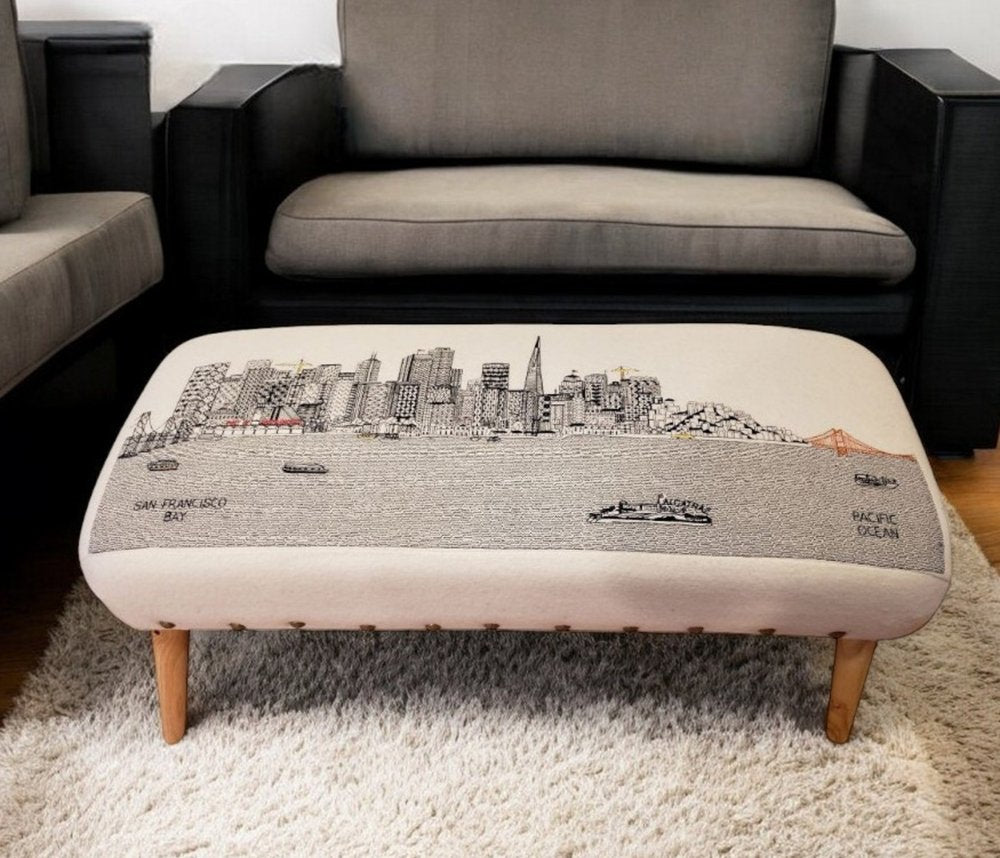 Cream Wool and Brown Ottoman - 38-inch