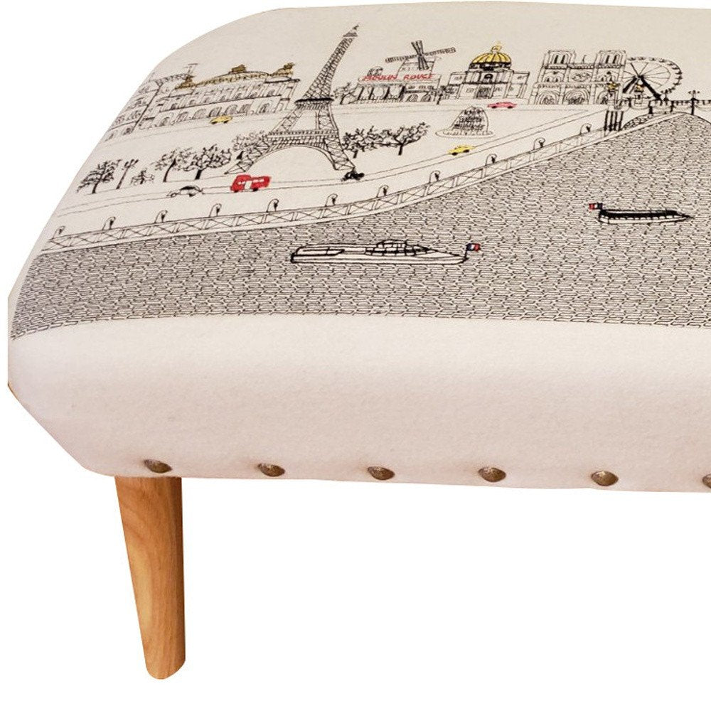 Cream Wool and Brown Ottoman - 38-inch