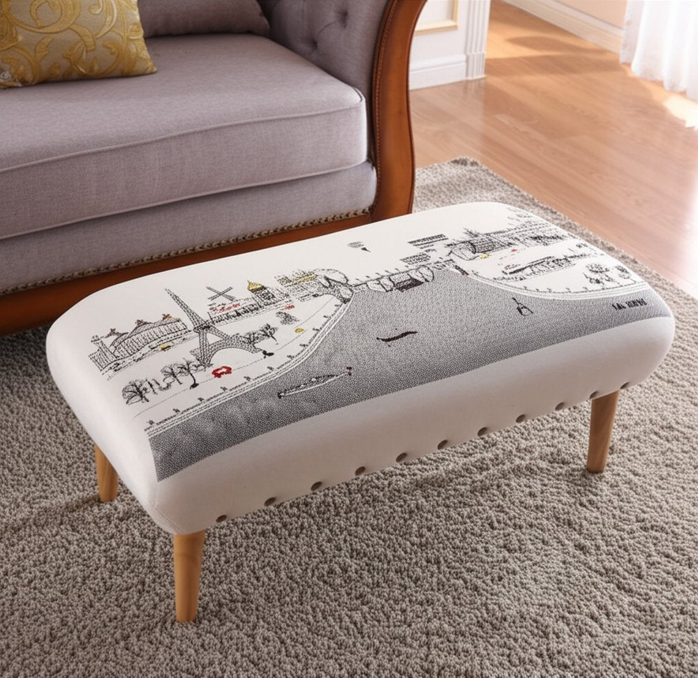 Cream Wool and Brown Ottoman - 38-inch
