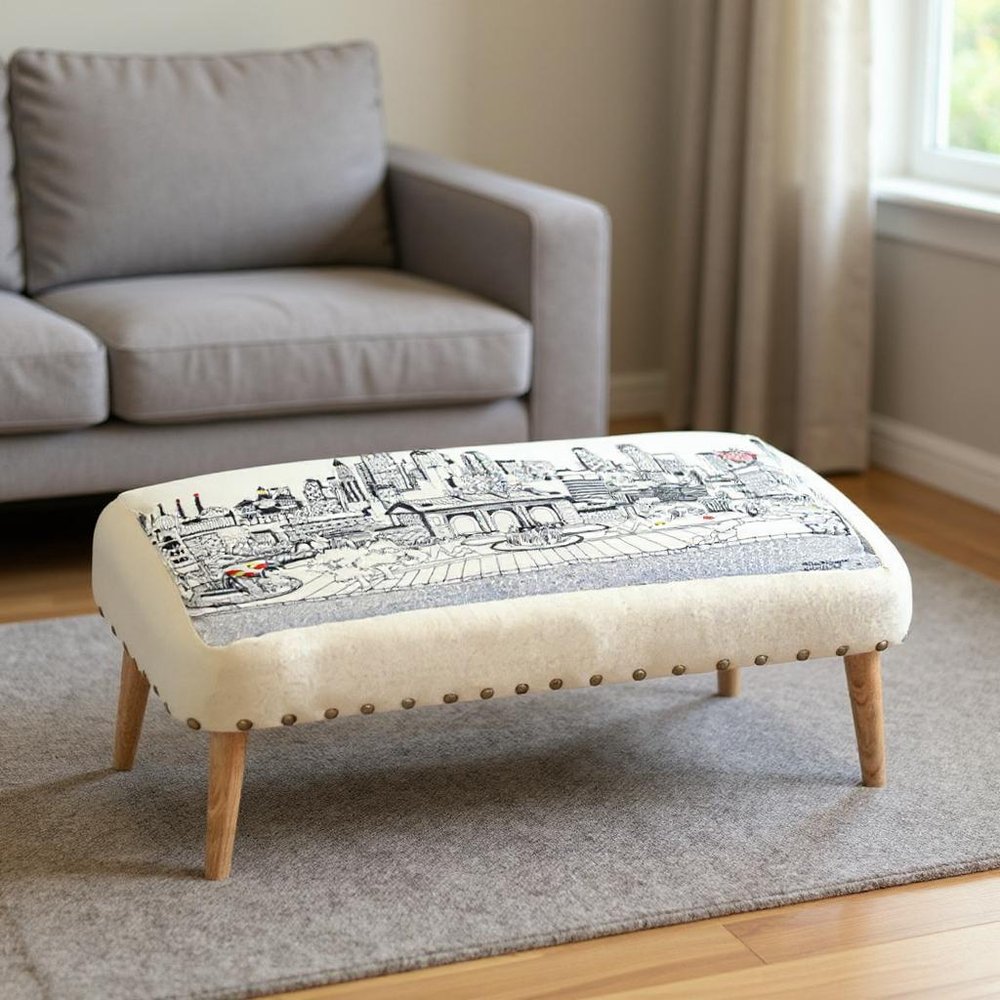 Cream Wool and Brown Ottoman - 38-inch