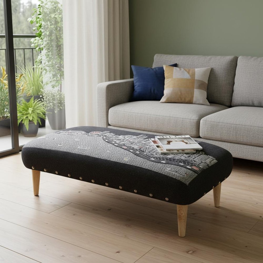 Gray Wool and Brown Ottoman - 38-inch