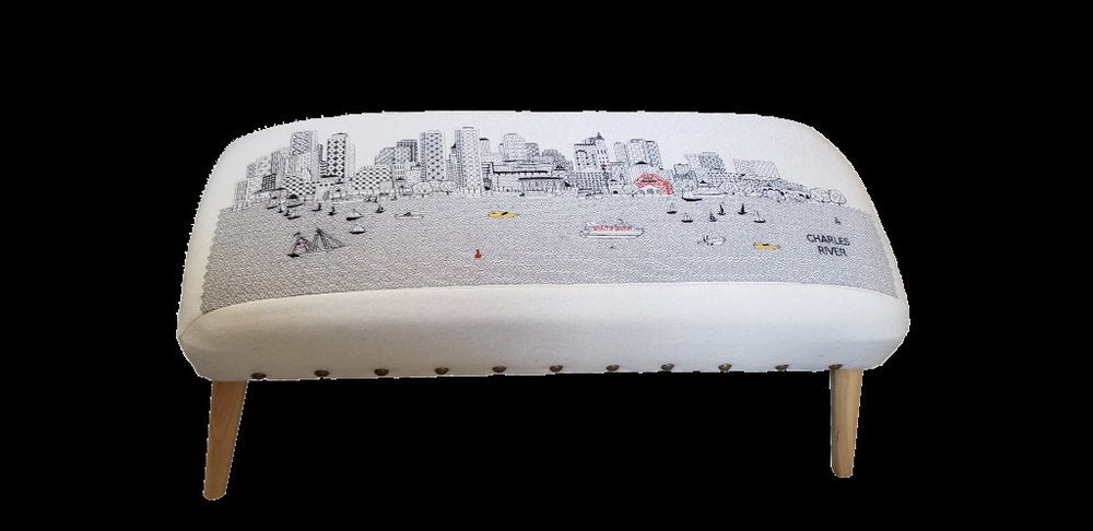 Cream and Natural Boston Daytime Skyline Embroidered Ottoman - 38-inch