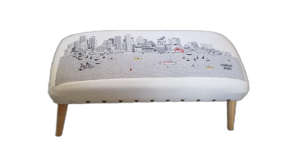 Cream and Natural Boston Daytime Skyline Embroidered Ottoman - 38-inch