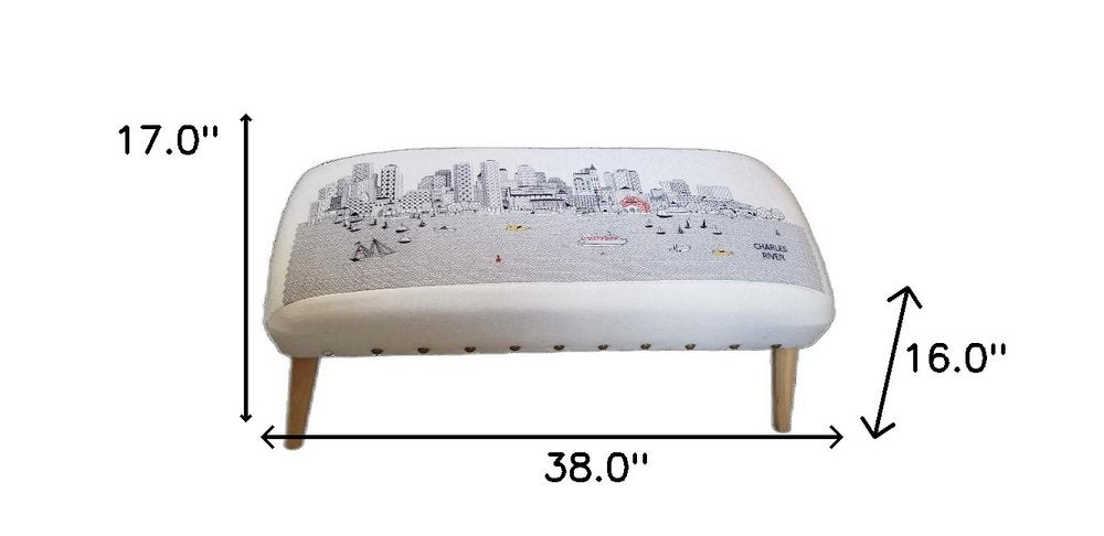 Cream and Natural Boston Daytime Skyline Embroidered Ottoman - 38-inch