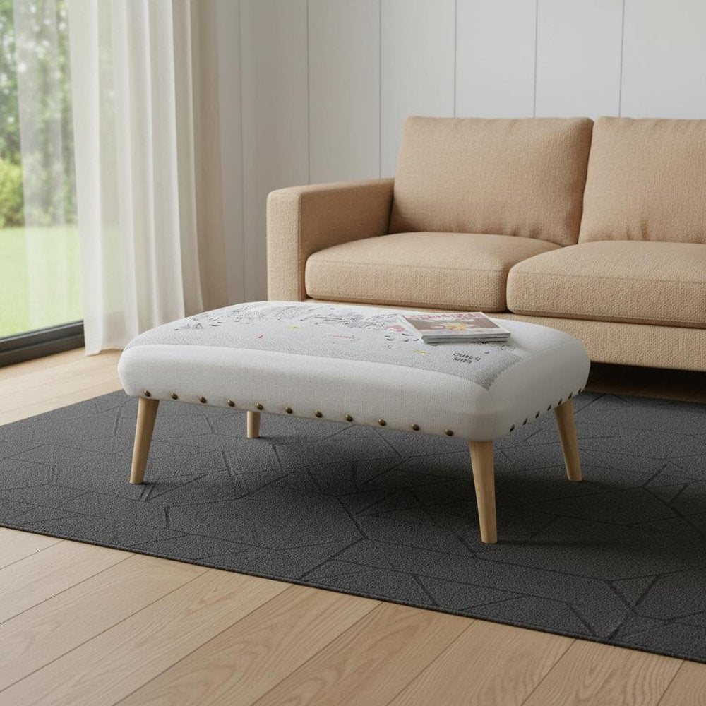 Cream and Natural Boston Daytime Skyline Embroidered Ottoman - 38-inch