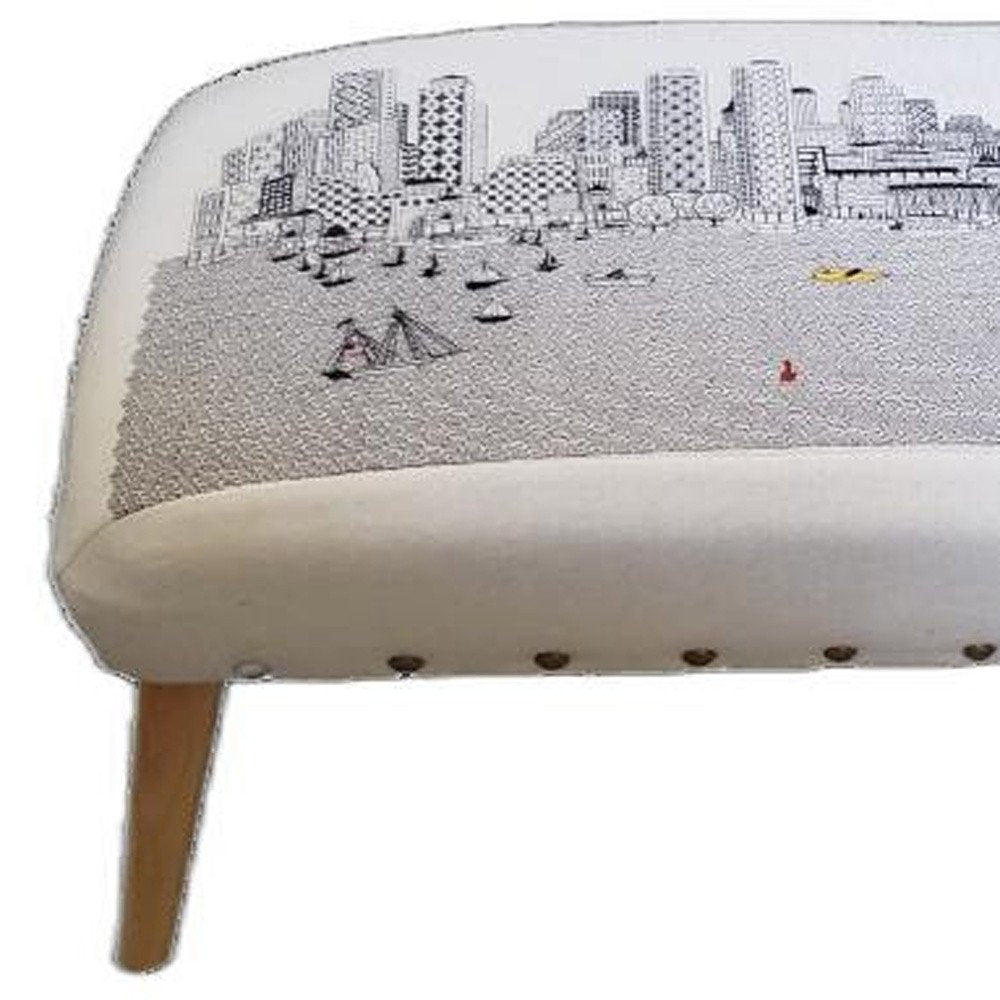 Cream and Natural Boston Daytime Skyline Embroidered Ottoman - 38-inch