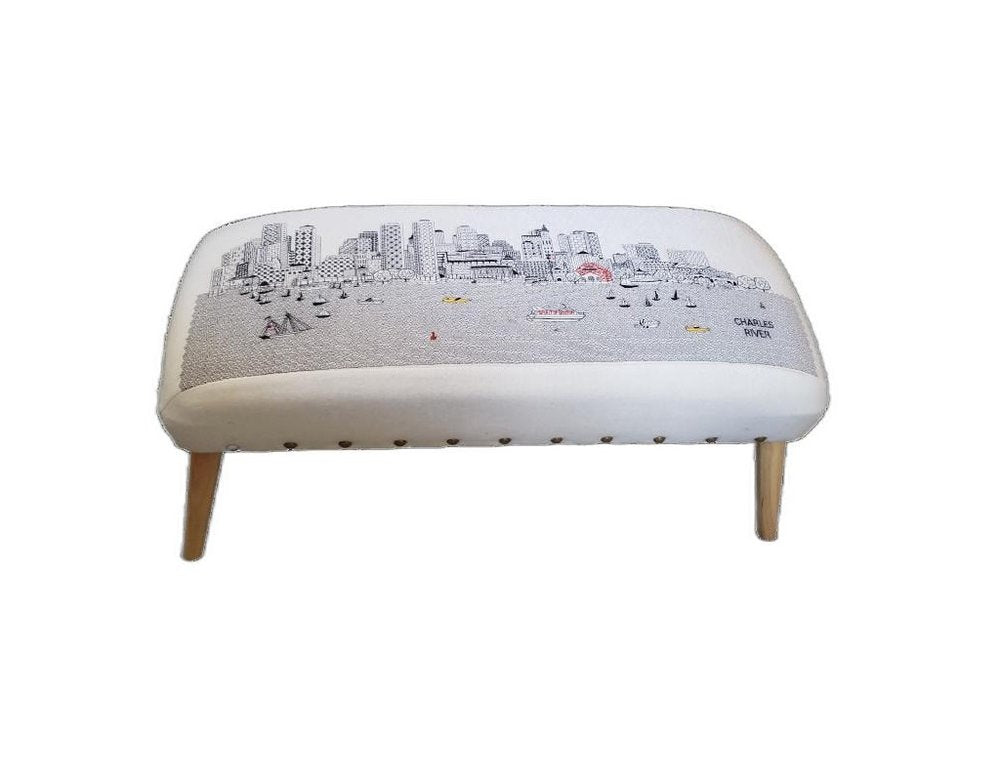 Cream and Natural Boston Daytime Skyline Embroidered Ottoman - 38-inch