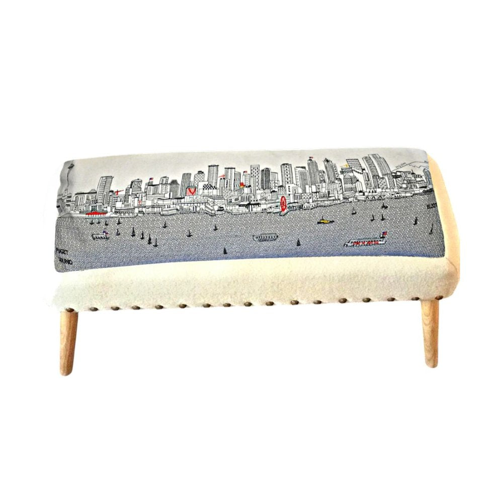 Cream Wool and Brown Ottoman - 38-inch