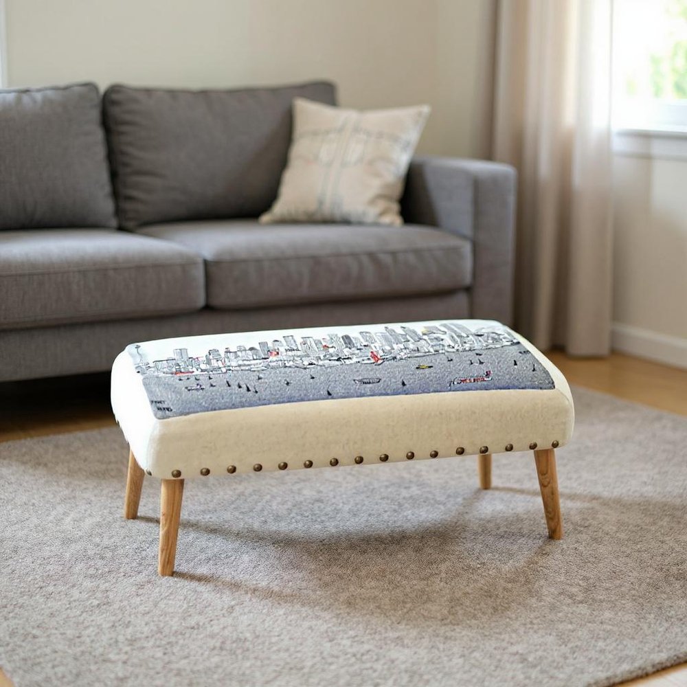 Cream Wool and Brown Ottoman - 38-inch