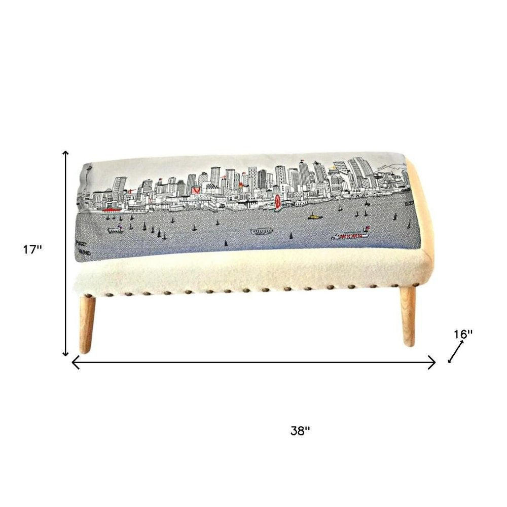 Cream Wool and Brown Ottoman - 38-inch